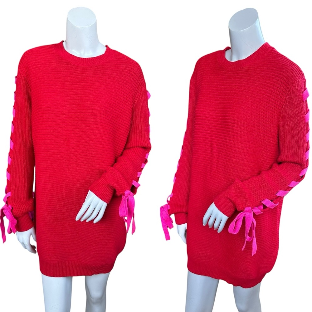 Lovers+Friends Red Wool Blend Pink Ribbon Sleeve Detail Oversized Sweater Dress